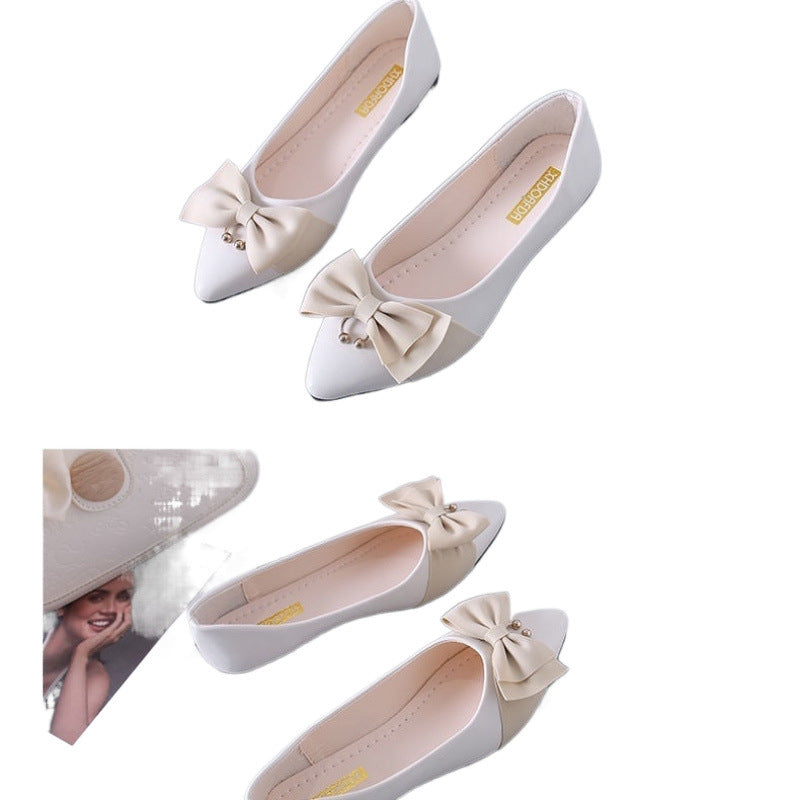 Sweet color-blocked bow-embellished pointed-toe low-cut soft-soled versatile flat shoes for women