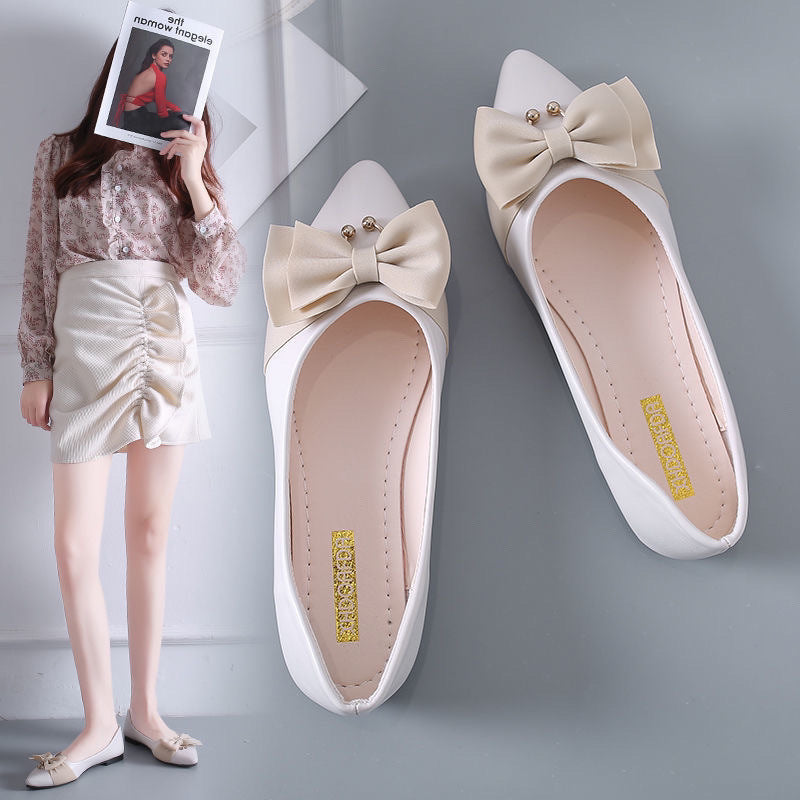 Sweet color-blocked bow-embellished pointed-toe low-cut soft-soled versatile flat shoes for women