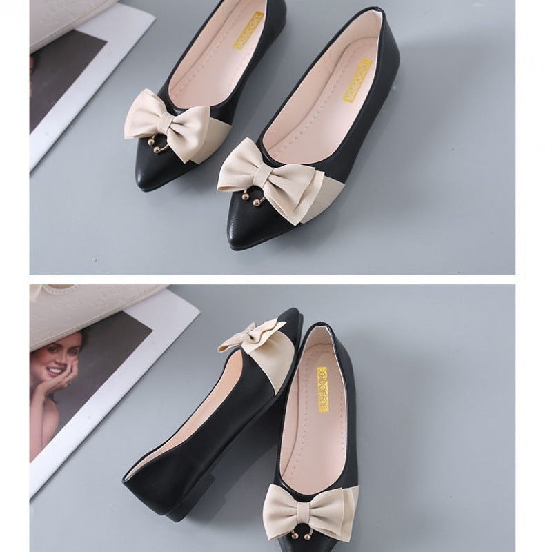 Sweet color-blocked bow-embellished pointed-toe low-cut soft-soled versatile flat shoes for women
