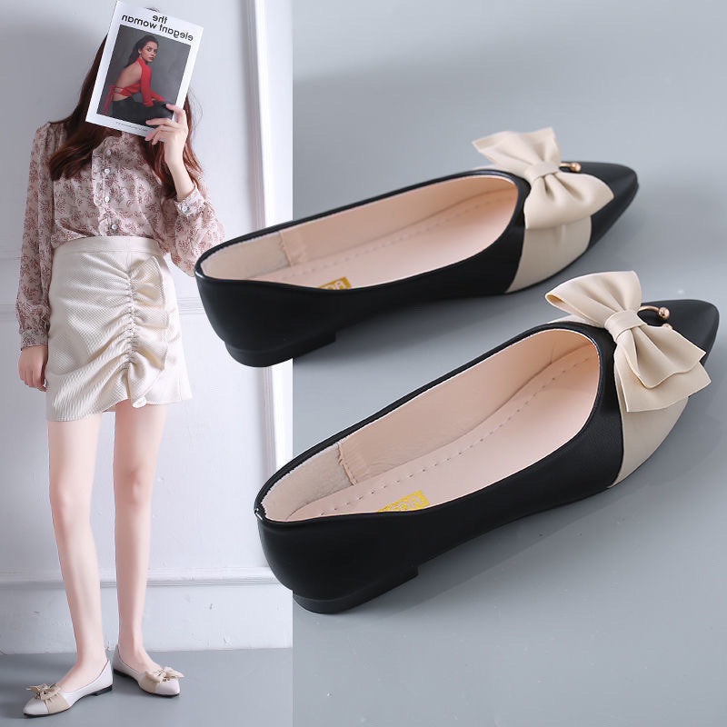 Sweet color-blocked bow-embellished pointed-toe low-cut soft-soled versatile flat shoes for women