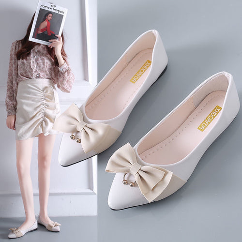 Sweet color-blocked bow-embellished pointed-toe low-cut soft-soled versatile flat shoes for women